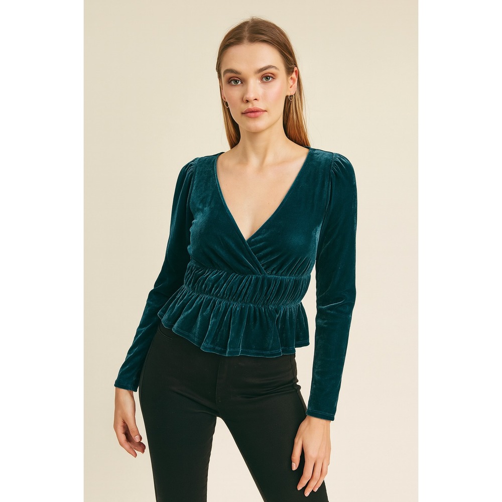 True Craft Velvet Blouse Top Size M Teal V-Neck Puff Sleeve Witchy Gypsy NWT